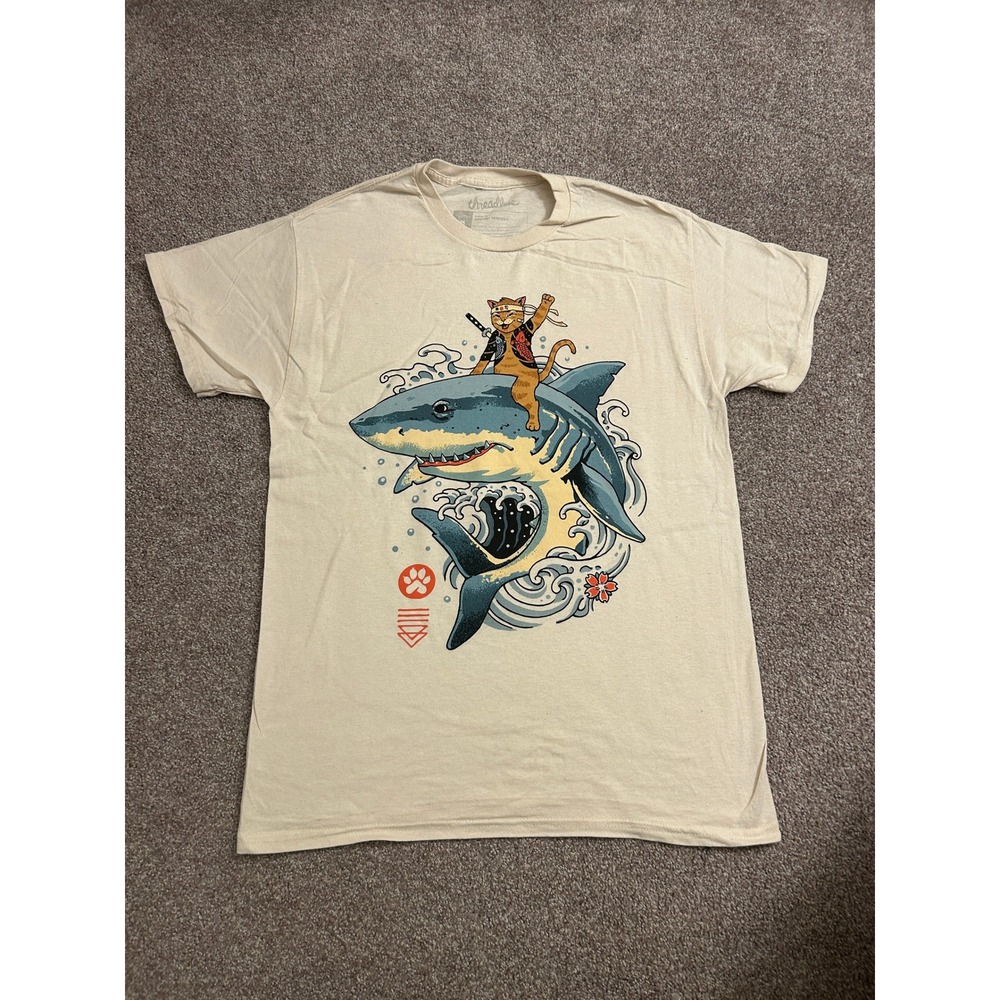Threadless Graphic Tee Mens M Cream Excellent Samurai Cat Shark Vincent Trinidad